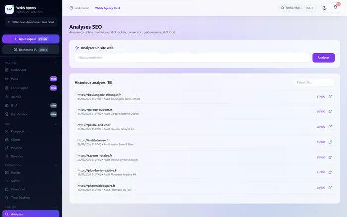 Résultat d'un audit SEO avec scores et recommandations.