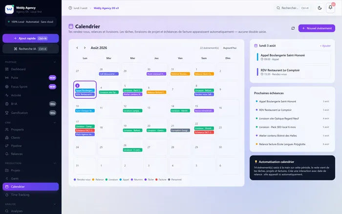 Calendrier mensuel regroupant rendez-vous et échéances.