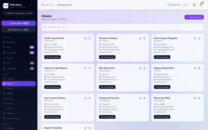 Fiches clients avec coordonnées et historique.