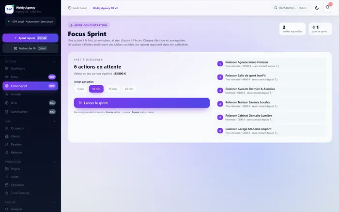 Écran Focus Sprint présentant une action prioritaire avec son minuteur.