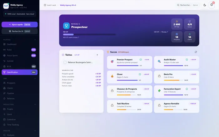 Écran de gamification avec niveaux et objectifs.