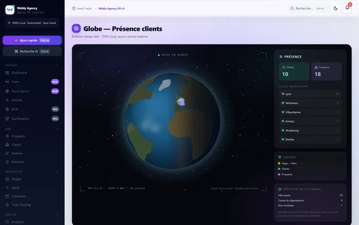 Globe interactif affichant la répartition géographique.