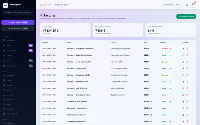 Liste des factures avec statuts de paiement.
