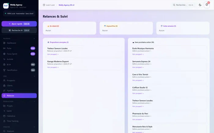 Écran des relances listant les contacts à recontacter.