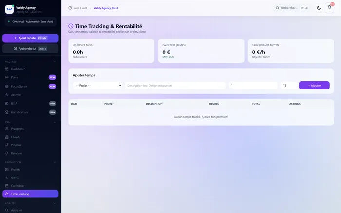 Écran de suivi du temps avec compteurs par projet.