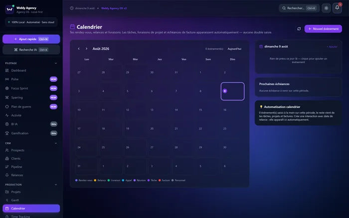 Calendrier mensuel regroupant rendez-vous et échéances.