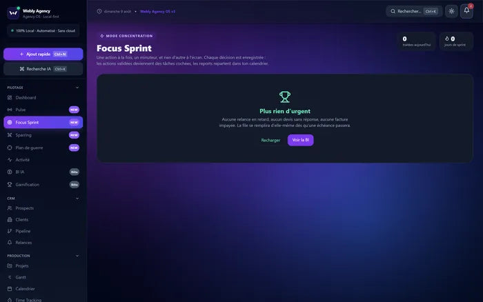 Écran Focus Sprint présentant une action prioritaire avec son minuteur.