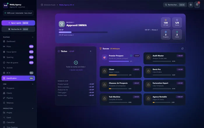 Écran de gamification avec niveaux et objectifs.