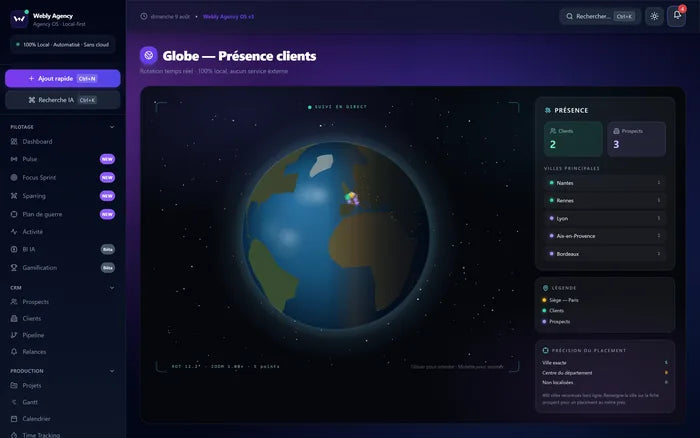 Globe interactif affichant la répartition géographique.
