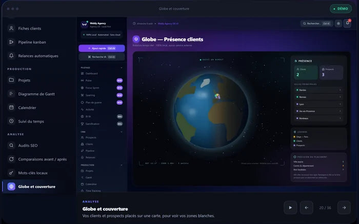 Globe interactif montrant la répartition des clients et prospects