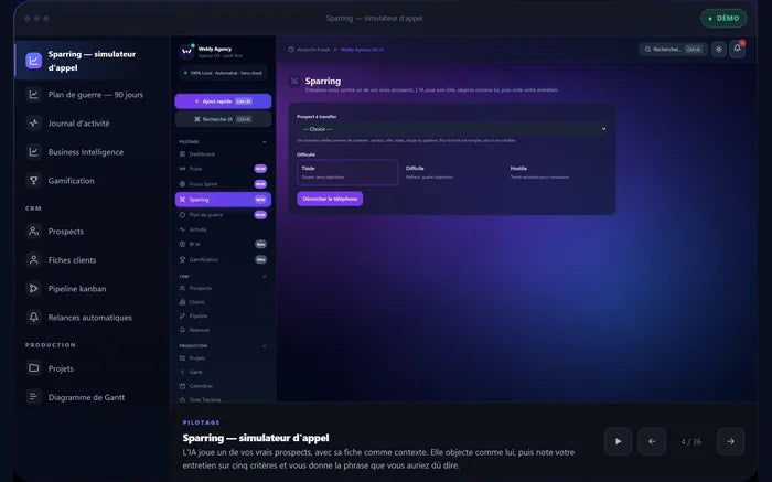 Simulateur d'appel de vente avec le choix du prospect et de la difficulté