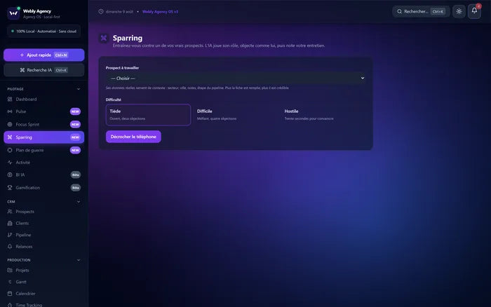 Simulateur d'appel de vente : conversation avec un prospect joué par l'IA.